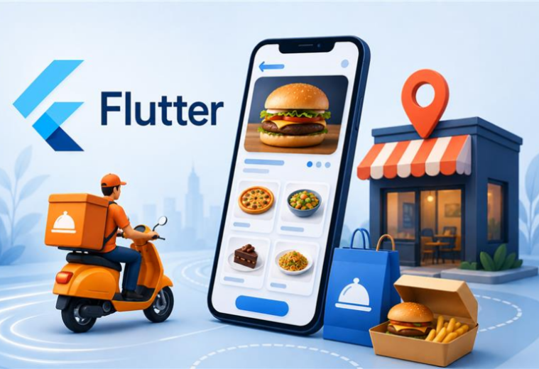 Flutter branding with a phone-based food app, a delivery scooter, and a restaurant storefront illustrating online food delivery
