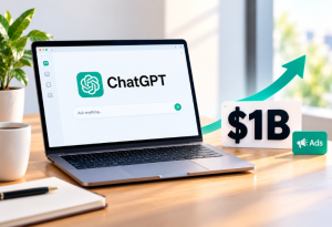 Chatgptads - Primotech Laptop screen shows the ChatGPT interface; a green upward arrow, a bold '$1B' sign, and an Ads icon suggest growth and revenue.